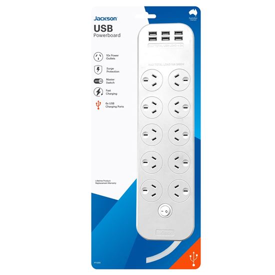 Jackson 10Way Power Board With 6x USB-A Fast Charging Ports (4.5Amp)